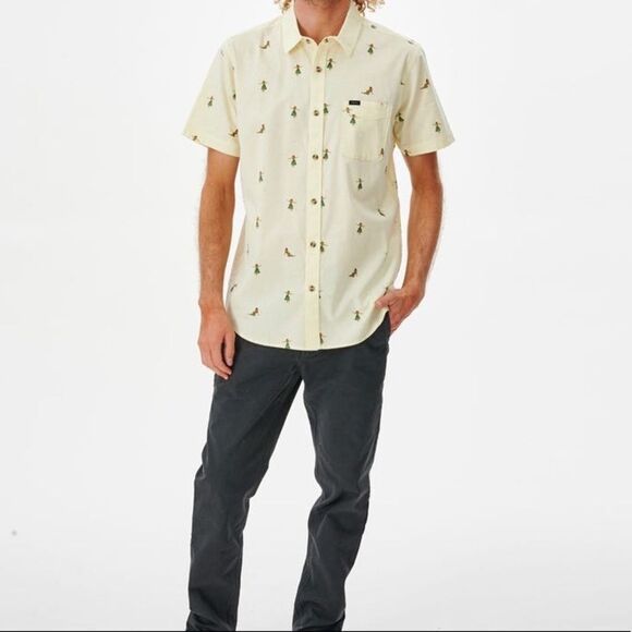 DJAB Hula Pastel Yellow Cotton Short Sleeve Button Up Shirt Size L - Picture 1 of 7